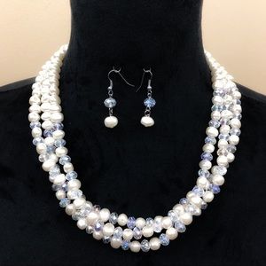 3 Row Layered Imitation Baroque Pearl & Glass Beaded Necklace & Earrings Set